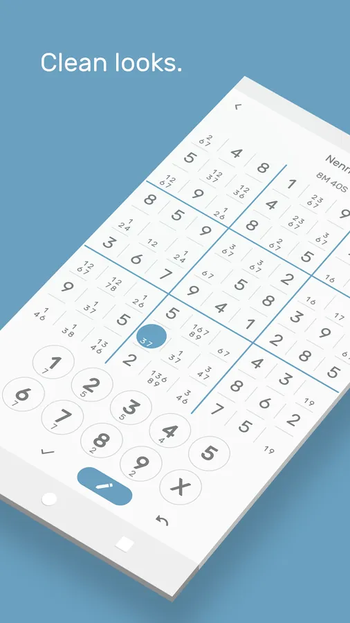Schermata di Sudoku - The Clean One con griglia chiara e tastierino numerico