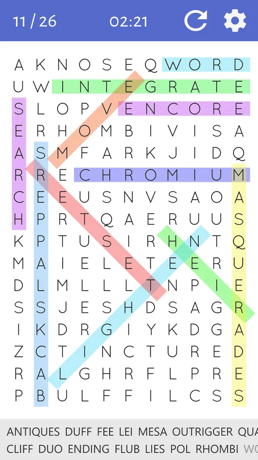 Schermata di Word Search Puzzles con griglia di lettere e parole evidenziate